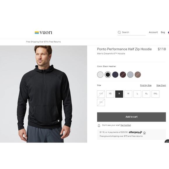 Vuori Men's Ponto Performance Half Zip Hoodie Size Small EUC DreamKnit Hoodie - Picture 8 of 11